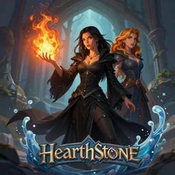 Who : a sorceress with black clothed casting a fire ball; Physical : Ella Knox & Beverly Paige body ; IMPORTANT : Hearthstone official splash art, Heartstone original art style, award winning