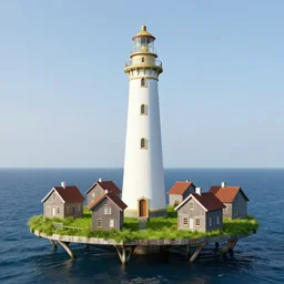 GIANT light house on grass & wood houses floating on the ocean, RHADS, sharp image, 8K HD