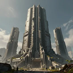 an epic 3 d render of a massive cyberpunk ruin building, by famous 3 d modeller, trending on artstation