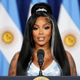nicki minaj president of argentina, detailed face, argentine flags behind, giving a speech