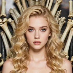 editorial photo of girl on bones throne, glo - fi, blonde, curly hair, clean big eyes, symmetrical beautiful face, clean skin, jewelry, native costume and accessories, victorian era, angelic, fashion editorial photography, hyperrealistic, from vogue magazine, ultra realistic, artgerm, reflections, gold intricate, 5 0 mm lens, icm