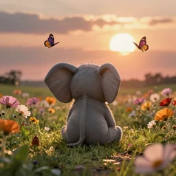 cute tiny elephant sits, back view, flower field, sunset, sun in the sky, butterfly in air, cinematic, dramatic light, photo realistic, hd, detailed, national geographic magazine