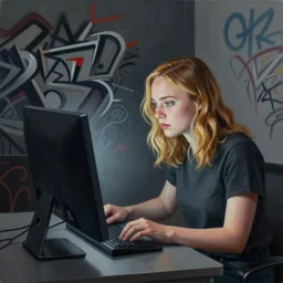 Elle Fanning hacking a computer picture by Sachin Teng, asymmetrical, dark vibes, Realistic Painting , Organic painting, Matte Painting, geometric shapes, hard edges, graffiti, street art:2 by Sachin Teng:4