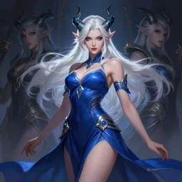 a highly detailed illustration of hot beautiful white haired demon girl with horns wearing blue dress, dramatic flashy seductive pose, perfect body, art by artgerm and greg rutowski and ilya kuvshinov, intricate, elegant, highly detailed, centered, digital painting, artstation, concept art, smooth, sharp focus, league of legends concept art, wlop