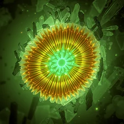 electron microscope enlargement of a chilopoda section, surrounded by acicular crystals, refracted kodachromatic internal lighting, various autochromatic lumiere photogram