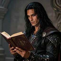 DND character concept of a man ith tan skin and long straight black hair, reading an evil demonic book, rogue class warrior