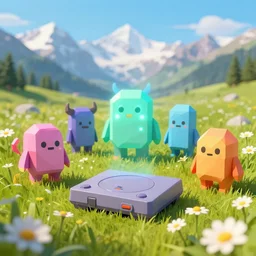 lowpoly ps 1 playstation 1 9 9 9 glowing psionic monsters standing in a field of daisies, swiss alps in the distance digital illustration by ruan jia on artstation