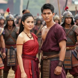 beautiful and handsome philippine's drama stars dress as tai warriors in crowded battlefield.