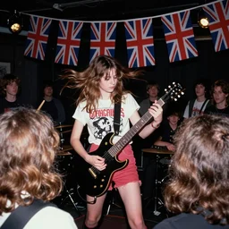 1 9 - year - old girl in a traditional doom metal band, live in concert, live 1 9 8 6, united kingdom flags, playing electric guitar, headbanging slowly, crowd of longhairs, audience of longhairs, super 8 mm, grainy photo, colorized