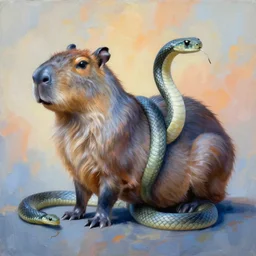 painting of hybrid between capybara & snake!!!!!!!, intercrossed animal, by zdzislaw beksinski, by lewis jones, by mattias adolfsson, cold hue's, warm tone gradient background, concept art, beautiful composition, digital painting