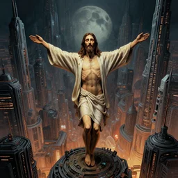 jesus christ in futuristic city, detailed intricate illustration, dark atmosphere, detailed illustration, hd, 4 k, digital art, overdetailed art, by greg rutkowski, by loish, complementing colors, trending on artstation, deviantart