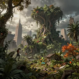 new york invaded by the jungle, deserted, artwork by sergey kolesov & sylvain sarrailh, detailed, dynamic, cinematic composition, autumn