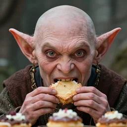 closeup portrait of a medieval goblin eating cakes, depth of field, zeiss lens, detailed, symmetrical, centered, fashion photoshoot, by Annie Leibovitz and Steve McCurry, David Lazar, Jimmy Nelsson, Breathtaking, 8k resolution, extremely detailed, beautiful, establishing shot, artistic, hyperrealistic, beautiful face, octane render