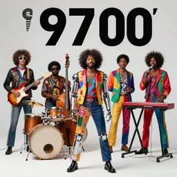 1 9 7 0's funk band, guitarists, bassist, drummer, brass horns, keyboardist, vocalist, backup vocalists, colorful retro - future clothes, robotic prosthetic limbs, dermal implants, cyborg, futuristic, realistic, promo photograph, epk, high quality, highly detailed, parliament, funkadelic