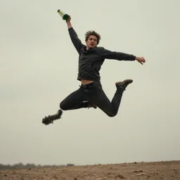 artistic rendition of a man jumping in the while holding a bottle, realism