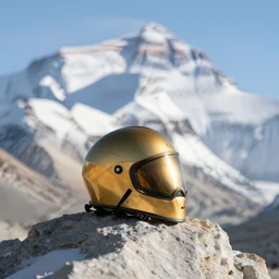 a golden helmet is sitting on the peak of mount everest, clear focus, bokeh effect, high res, hasselblad, dslr