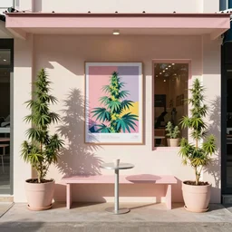 taiwanese style cafe australian, decorated with cannabis pot plants 🪴 utopia frontage, pop art poster, beautiful colors pastel palette by will barnet