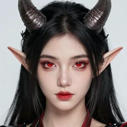 closeup hyper-realistic portrait of beautiful high-fantasy elf girl (black hair and red eyes) with two horns coming out of her head, intricate details, by Stanley Artgerm Lau, by greg rutkowski, by thomas kindkade, by alphonse mucha, loish, by norman rockwell J.