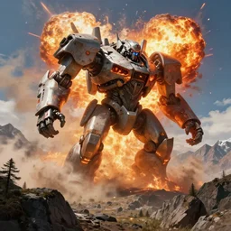 incredible gorgeous beautiful mountainside being pulverized by a massive combat mech colossal robotic explosion particles dust inferno fire by greg rutowski and james gurney artstation hyperrealism 8 k