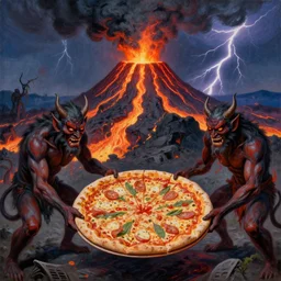 masked demons grabbing a large pizza!!!, in the background is a volcano spewing lava and black smoke, streams of glowing hot lava, flashes of lightning in the distance. wide angle, long shot, an ultrafine detailed painting by henri matisse, deviantart, pop surrealism