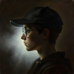 a neoclassicist close - up side profile portrait of a silhouette of a sci - fi retrofuturistic alien boy with a baseball hat, glasses and a straight nose, glowing fog in the background. renaissance portrait painting. highly detailed science fiction painting by norman rockwell, frank frazetta, and syd mead. rich colors, high contrast, gloomy atmosphere, dark background. trending on artstation