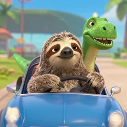 Disney Pixar sloth in a car with a dinosaur, driving a Cadillac