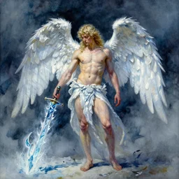 a oil / watercolor painting full body character portrait of a fallen angel wielding a jagged firey sword made of ice in the style of moebius in the style of leonard boyarsky trending on artstation deviantart pinterest detailed photorealistic highlights and shadow hd 8 k post - processing high resolution
