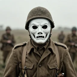 a soldier wearing a scary mask in distance, ww1 film photo, grainy, high detail, high resolution