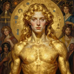 hyper realistic painting of the golden discord, detailed and perfect face, perfect and proportional body, muscular, in the style of wayne barlowe, gustav moreau, goward, gaston bussiere and roberto ferri, santiago caruso, and austin osman spare, bouguereau, mucha, saturno butto, sorayama. occult art, alchemical diagram