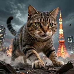 giant tabby cat attacking Tokyo, disaster movie poster, concept art by Ross tran, masterpiece, masterwork, artstation, cgstudio