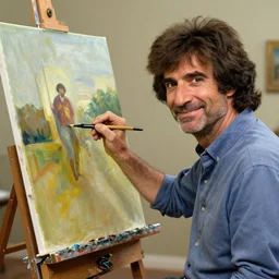 a photo of bob ross painting a painting of bob ross painting a painting