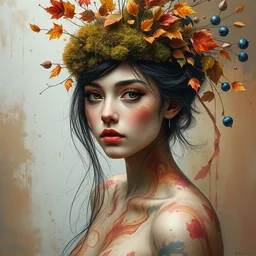 half body portrait of beautiful girl by irakli nadar with intricate detailed color smashing fluid oil paint and acrylic, dried moss and dried autumn leaves headdress, melting wax, mycelia, abstract impressionism, ruan jia, fantasy, hyper detailed, concept art, by gustav klimt,