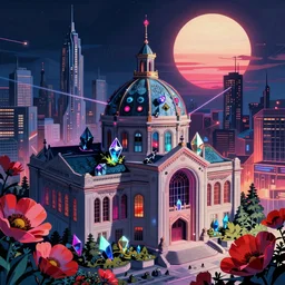 a beautiful detailed anime illustration of museum building architecture city by odile decq, neon noir crystal futuristic reclaimed by nature dramatic lighting retrowave laser poppy infrared gem alien morning sun extraterrestial assassin's creed dieselpunk matte painting apocalyptic, archdaily, wallpaper, highly detailed, trending on artstation.