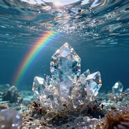 crystal rainbow waters refracting light of a galactic crystal landscape beneath, underwater, caustic, award - winning render, photon tracer, octane engine, raytracing relaxing, bright, anime style, manga style