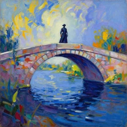 acrylic painting, impressionism and expressionism, bold colors, expressive brushstrokes. the ferryman under a stone bridge over the river styx in hades. fantasy art by wadim kashin, cgsociety, nature art
