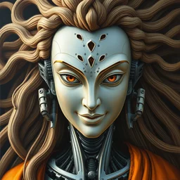 perfectly centered portrait, front view of a beautiful biomechanical android alien robot buddha, female, flowing hair, intense stare, sarcastic smile, symmetrical, concept art, intricate detail, volumetric shadows and lighting, realistic oil painting by tim hildebrandt,