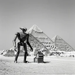 giant alien robots building the gizah pyramids, bw photograph, 4 0 0 0 bc,