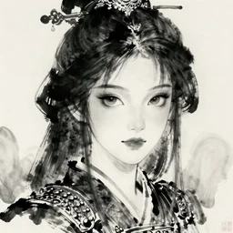 museum quality chinese ink portrait of girl with black hair, ancient dynasty warriors girl, anime, face, fantasy, intricate, elegant, highly detailed, digital painting, concept art, smooth, sharp focus, illustration, art by wlop, trending on artstation