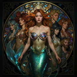 stunning, breathtaking, awe-inspiring award-winning realistic concept art face portrait of mermaid Ashley Liao, by Alphonse Mucha, Ayami Kojima, Amano, Charlie Bowater, Karol Bak, Greg Hildebrandt, Jean Delville, and Mark Brooks, Art Nouveau, Neo-Gothic, gothic, rich deep colors, cyberpunk, extremely moody lighting, glowing light and shadow, atmospheric, shadowy, cinematic, 8K
