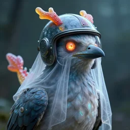 by wesley burt and basil gogos, visually stunning, cinematic, ultra realistic, hyper realism, 1 2 k, epic, octane render, unreal engine, vfx, maya, praetorian painting of a bird wearing a helmet : spectral, incorrupt ghostly figure wearing a veil and glowing eyes : sugary toy dragon