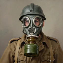portrait painting of a world war 1 british soldier wearing gasmask, detailed, in the style of greg rutkowski