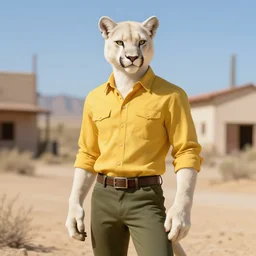 beautiful portrait commission of a male Furry Anthro albino mountain lion Fursona wearing a yellow button-down shirt, olive green slacks. Downtown desert western town. Atmospheric. Renowned character illustration by greg rutkowski, thomas kindkade, alphonse mucha, loish, norman rockwell. detailed, inked, western comic book art