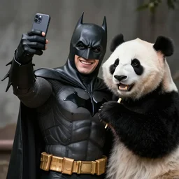 Photography, A Batman taking a selfie with panda, big smile