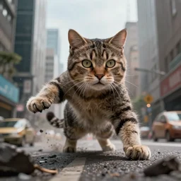 a cat kaiju stomping through a city, realistic, 8 k, low angle