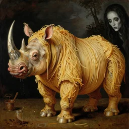 half boy half rhino made of spaghetti, by giuseppe arcimboldo and ambrosius benson, renaissance, intricate and wet oil paint, a touch of beksinski, realistic, zoomed out, full figure