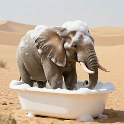 elephant covered in foam in a bathtub, desert, playful, full format shot