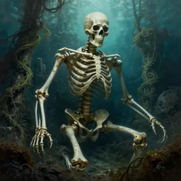 giant skeleton in underwater ruins, vines, forest, hyperrealistic, highly detailed, cinematic, single ray, dark, beautiful, cgssociety, artstation, 8 k, oil painting