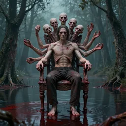 a portrait of a man with five heads, twelve arms, sitting on chair made of human limbs, the chair is floating in a lake of blood, around the lake are melting trees, digital art, hyperrealistic nightmare scene, supernatural, highly detailed, creepy, terrifying