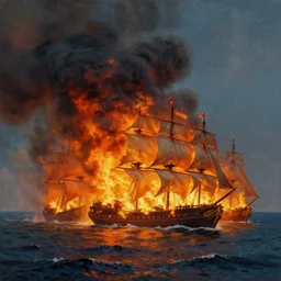 painting of an armada of ships burning in heavy flames in the middle of the ocean, thick smoke, a detailed matte painting by vilhelm lundstrøm, cgsociety, neo - romanticism, chillwave, matte drawing, official art, trending on artstation