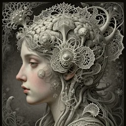 detailed realistic beautiful goddess brain by jean delville, gustave dore, iris van herpen and marco mazzoni, art forms of nature by ernst haeckel, art nouveau, symbolist, visionary, gothic, neo - gothic, pre - raphaelite, fractal lace, intricate alien botanicals, ai biodiversity, surreality, hyperdetailed ultrasharp octane render